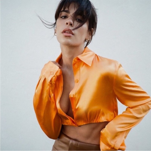 Zara Tops - Zara Satin Effect Orange Crop Shirt